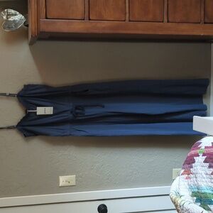 Pact Soiree Jumpsuit French Navy smocked with adjustable/removable straps NWT